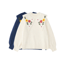 Designer Plus loose Korean sweater women pullover lazy flower embroidery doll lapel knitted top