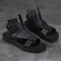 European and American summer fur thick trend beach mens sandals English retro dark black wind bull piroma sandals