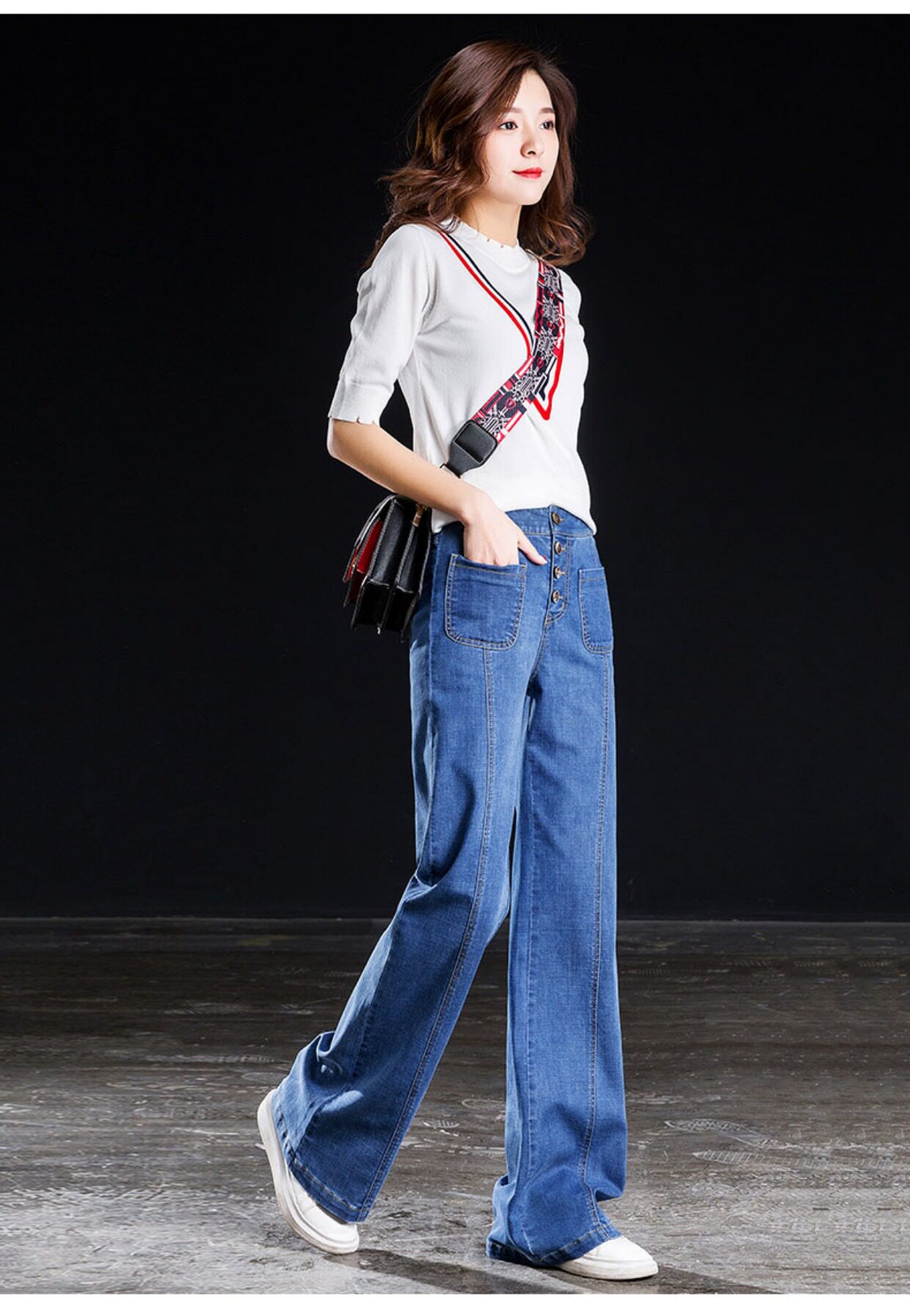 天猫蓝色牛仔裤子女高腰宽松阔腿长裤