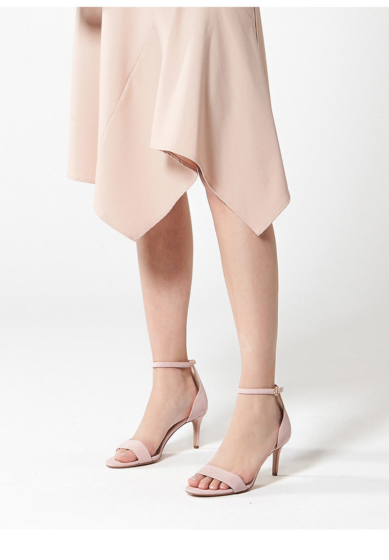 小s女鞋s by stella2019春夏新品粉色一字带细高跟小猫跟露趾凉鞋