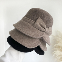 Lady hat autumn and winter warm woolen tweed elegant basin hat back split bow mother fisherman hat top hat