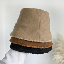 Japanese autumn and winter warmth lamb wool double-sided bucket hat female Joker face small fishermans hat basin hat Tide