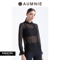 AUMNIE Aomini retro lace top female quick-drying casual stand neck Joker long-sleeved shirt sexy half-through