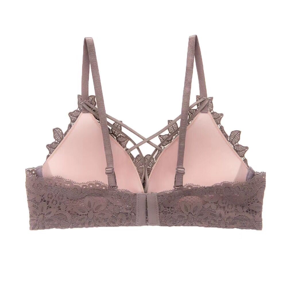 性感女士蕾丝胸罩无钢圈薄款聚拢收副乳文胸套装绑带酒红色内衣