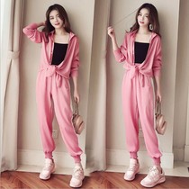 Leisure sports suit women spring and autumn 2021 new pink loose fashion small foreign style three-piece running suit
