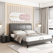 Light luxury leather bed Leather double bed 1 5 meters modern simple master bedroom small apartment 1 8 meters net red storage wedding bed