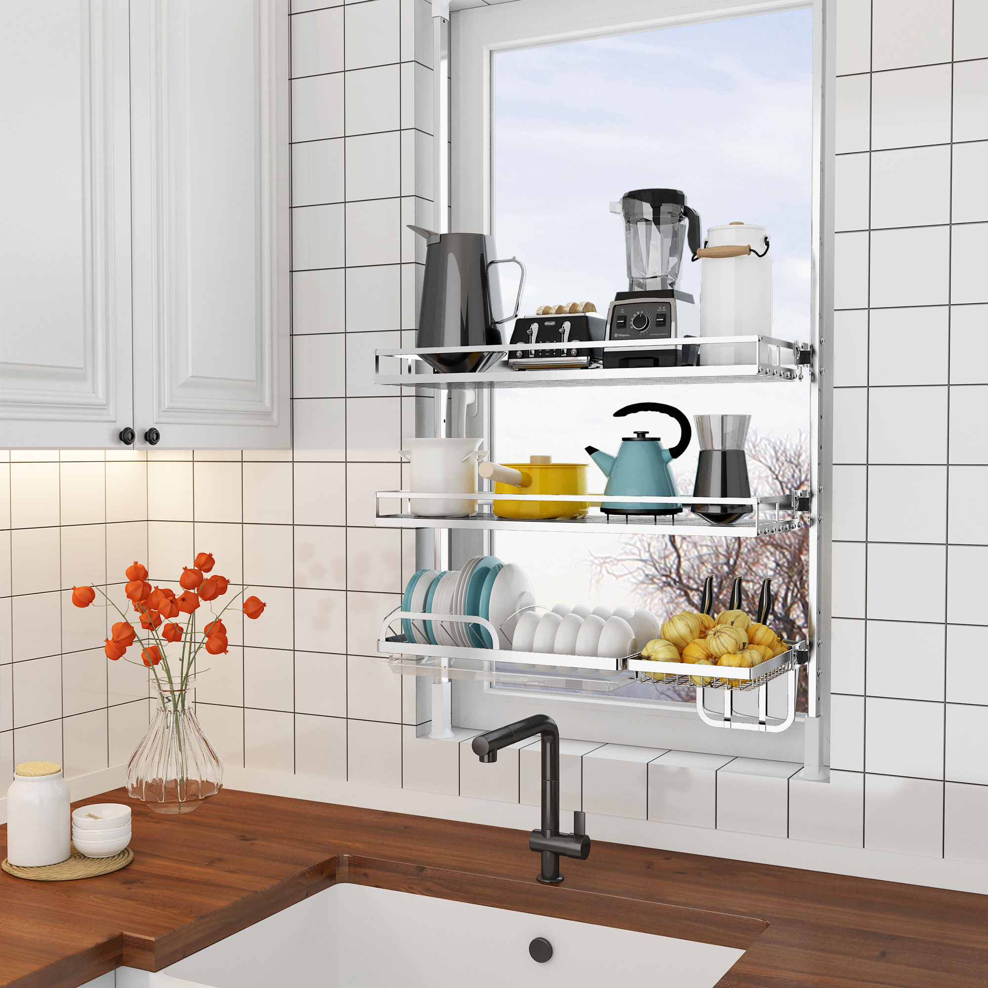 厨房免打孔窗台顶天立地置物架挂式挂架挂杆沥水架碗架锅架子