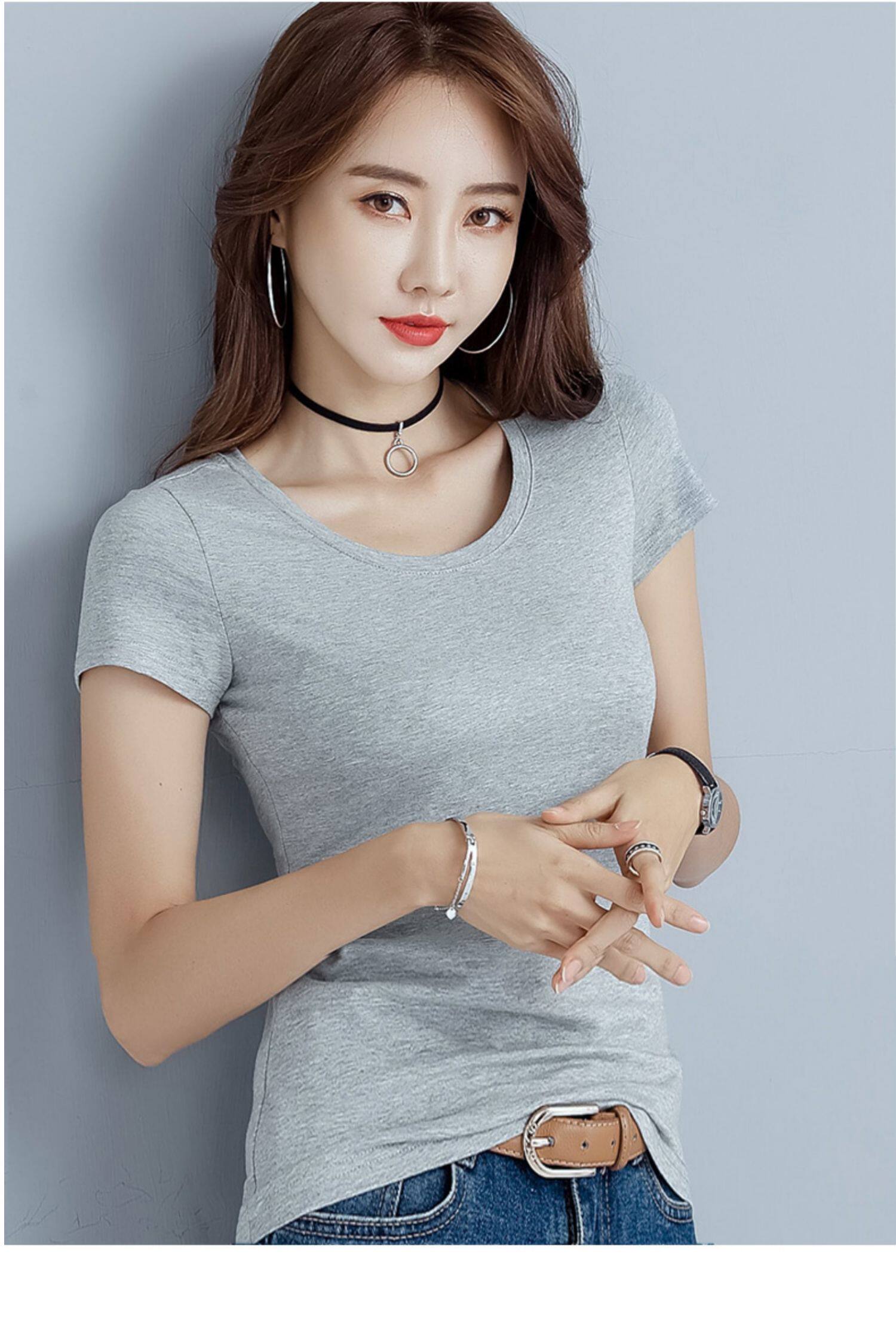 纯棉白色t恤女短袖修身2020夏季新款黑色紧身半袖体恤女装上衣