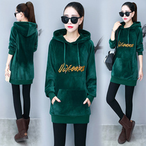Autumn and winter New golden velvet hoodie womens long fattened fat coat Korean loose 200kg