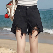 Black hole denim shorts womens summer thin section 2021 new high waist loose thin white wide leg hot pants tide