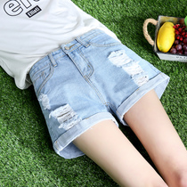 High waist denim shorts womens 2021 summer new black crimped hole wild student loose wide leg chic hot pants