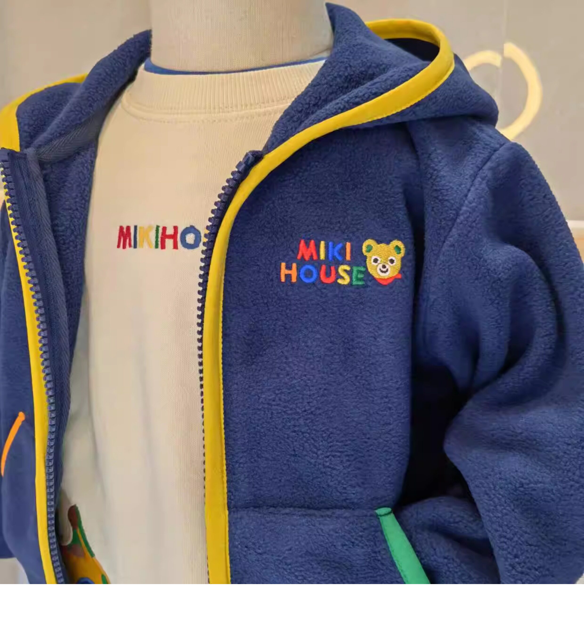 miki24秋冬款日系男女儿童装小熊拉链开衫连帽双面摇粒绒保暖外套