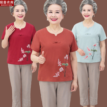 Middle aged Summer clothes Breathable Two Sets Women Ethnic Wind Grandma Clothes Old Lady Short Sleeve Mama Cotton Linen Suit