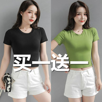 Pure-colored short-sleeved t-shirt girl summer 2022 new Korean-collar round-collar high-waist sexy short umbilical top woman