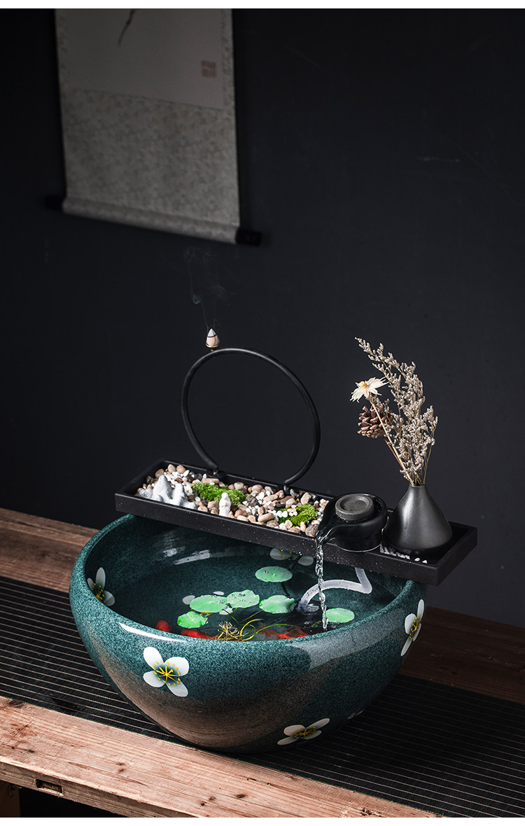 陶瓷鱼缸客厅喷泉桌面循环流水鱼缸家用小型办公室招财摆件养鱼盆