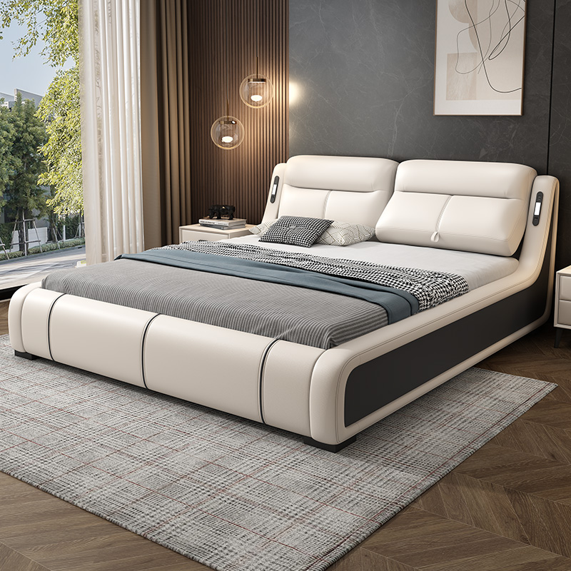 Multifunctional genuine leather bed modern minimalist light and luxurious master bedroom double 2 m large bed storage leather art soft bag wedding bed-Taobao