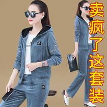 Three sets of light core suede sports suit womens spring and autumn season 2022 new loose fashion Lights casual foreign air weight reduction