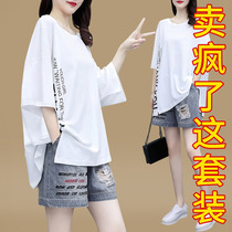 2021 summer new Korean loose slim fashion set womens print T-shirt casual denim shorts two-piece set