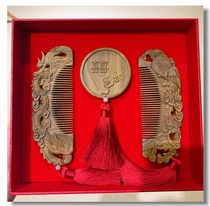 Wedding Comb Pair Gift Parents Accompanied Dowry Dragon Phoenix Mirror Suit Handmade Chinese Wood Carved Green Sandalwood Comb