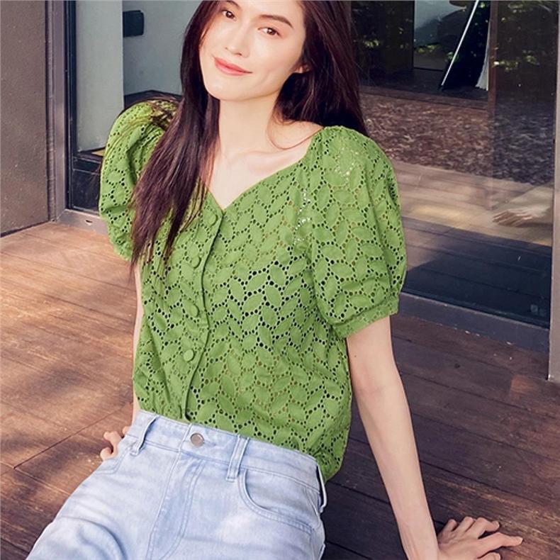 何穗款伊芙丽衬衫女2020新款夏季小衫女设计感小众绿色泡泡袖上衣
