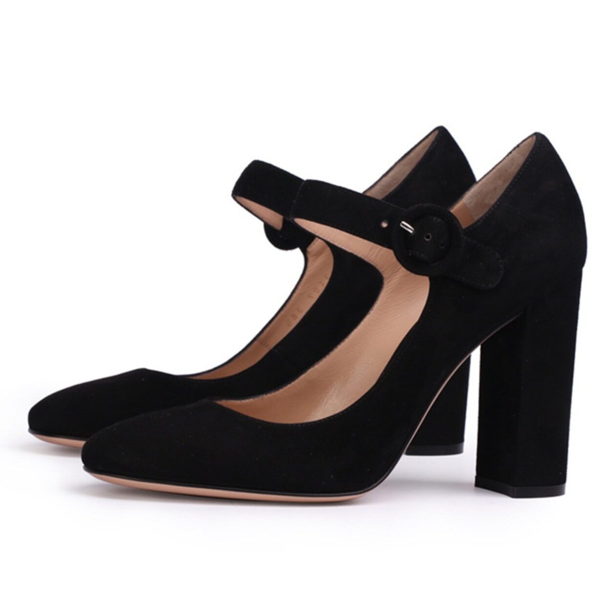 欧美真皮高跟复古圆头玛丽珍鞋一字扣粗跟单鞋黑绒面小码秋冬女鞋