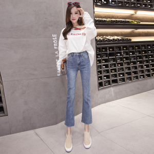 Korean version high waist jeans elastic slim cut and burr jeans