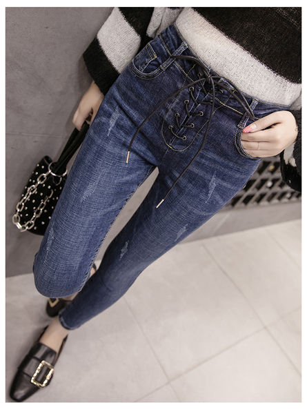 Korean version high waist lace elastic jeans Slim Pencil nine pants