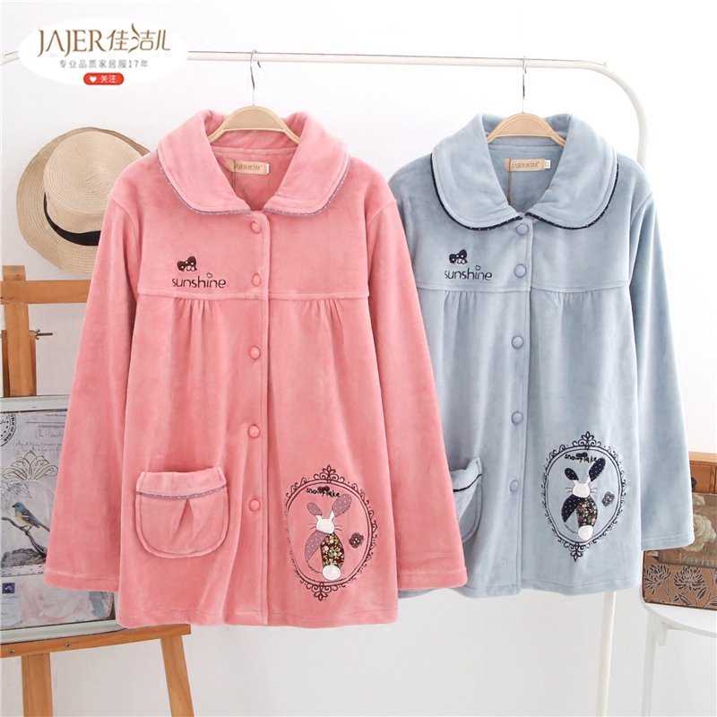 佳洁儿双面海岛绒睡衣女2017秋冬新款女士开衫薄绒保暖家居服套装_7折