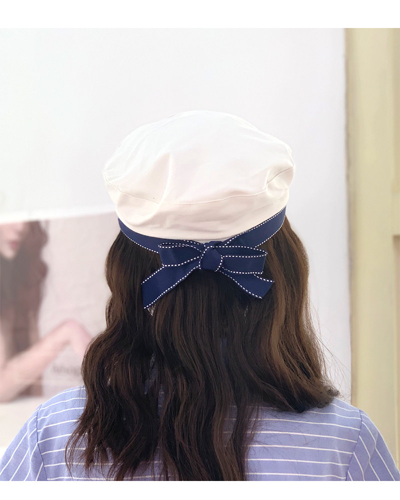 白色贝雷帽子女春夏天海军帽韩版刺绣字母蝴蝶结水手帽秋冬画家潮