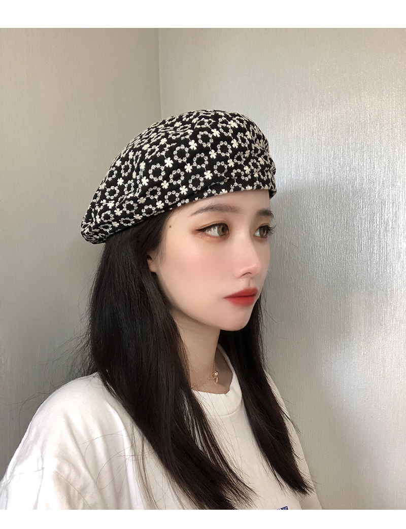 帽子女韩版刺绣小圆花朵贝雷帽春夏季百搭洋气拍照凹造型画家帽潮