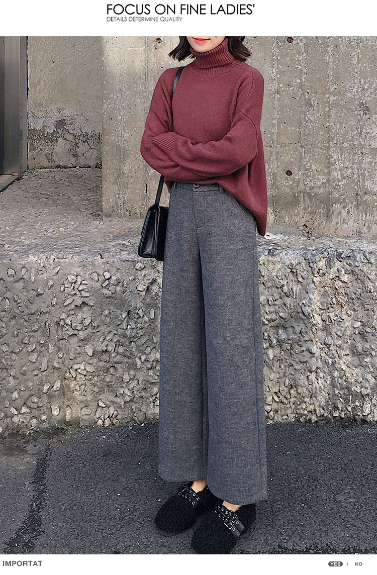 毛呢阔腿裤子女2018新款秋冬季坠感直筒休闲宽松人字加厚九分高腰