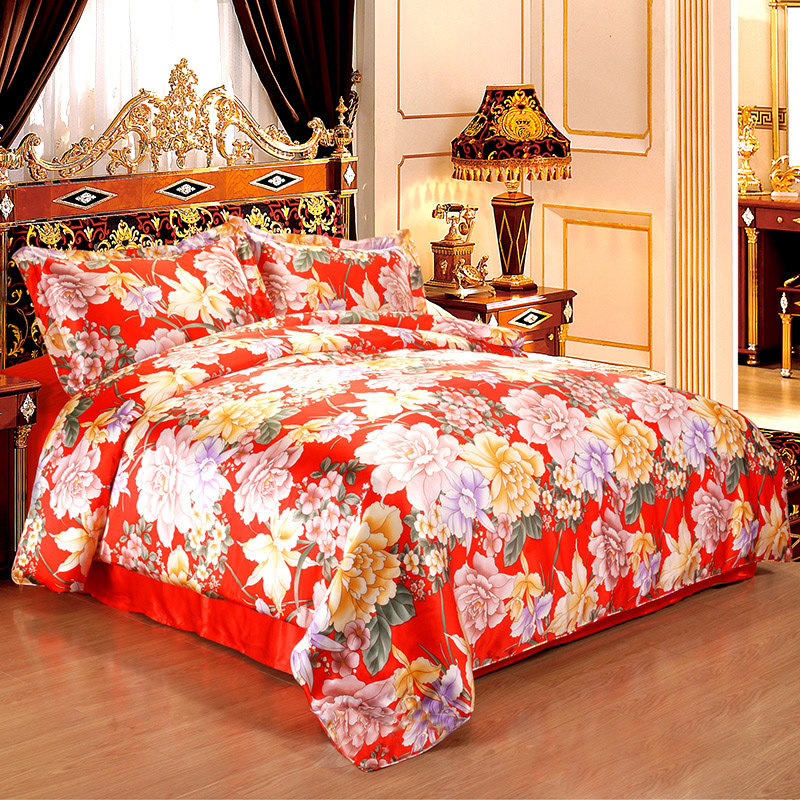 钱皇100%双面真丝四件套 丝绸婚庆印花套件 真丝床上用品床单枕套