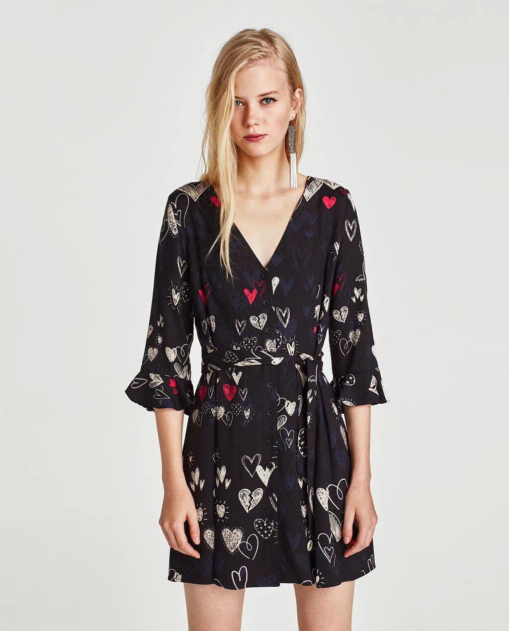 展示与对比:西班牙单z家2017秋款 女装 欧美v 领印花连衣裙 七分袖修