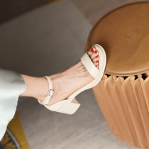 High level Sensation Genuine Leather Coarse Heel Bag Root Sandals Summer Middle Heel Brief About 100 Hitch Gentle Lady With White High Heel Shoes