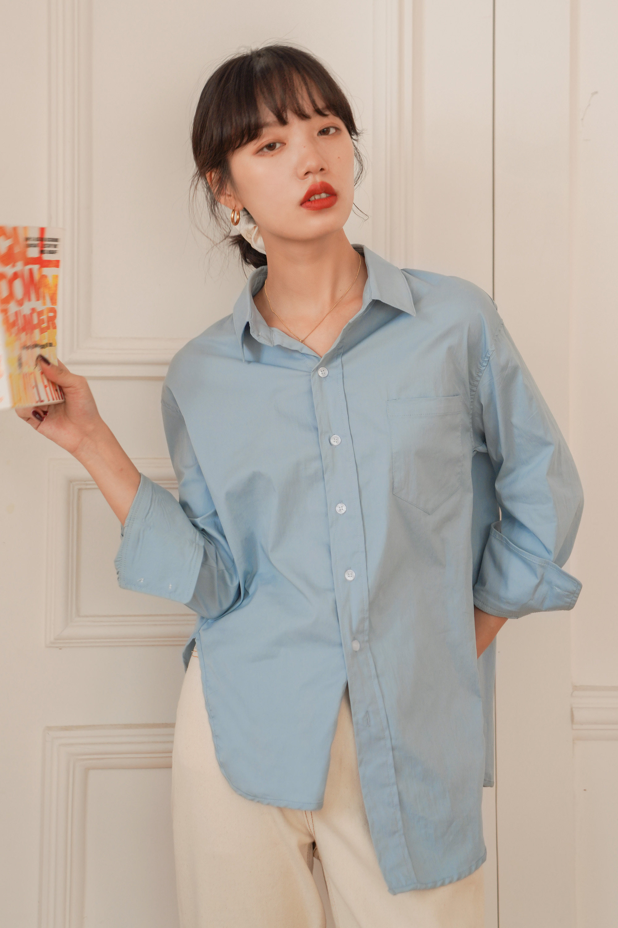 暖青汇法丝璐蓝色衬衫女秋季长袖设计感小众不规则开叉宽松百搭气质