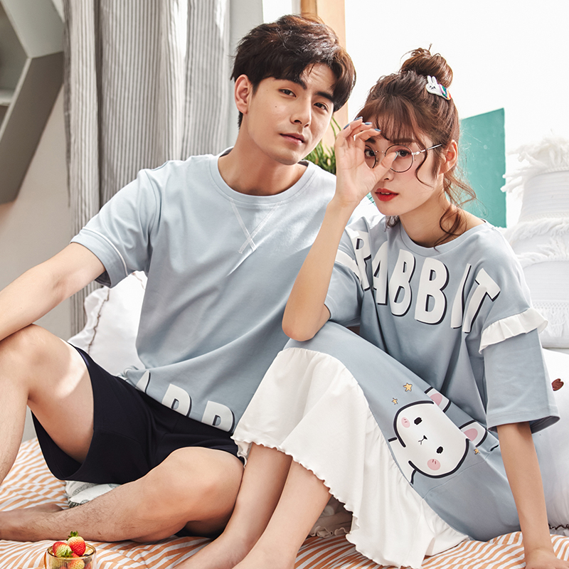 2 sets of price lovers' pajamas summer cotton men's home wear set korean version lovely nightdress women's short sleeve thin net red