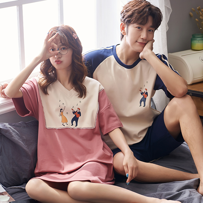 2 sets of price lovers' pajamas summer cotton men's home wear set korean version lovely nightdress women's short sleeve thin net red