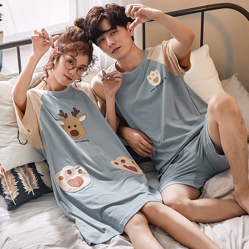 2 sets of price lovers' pajamas summer cotton men's home wear set korean version lovely nightdress women's short sleeve thin net red