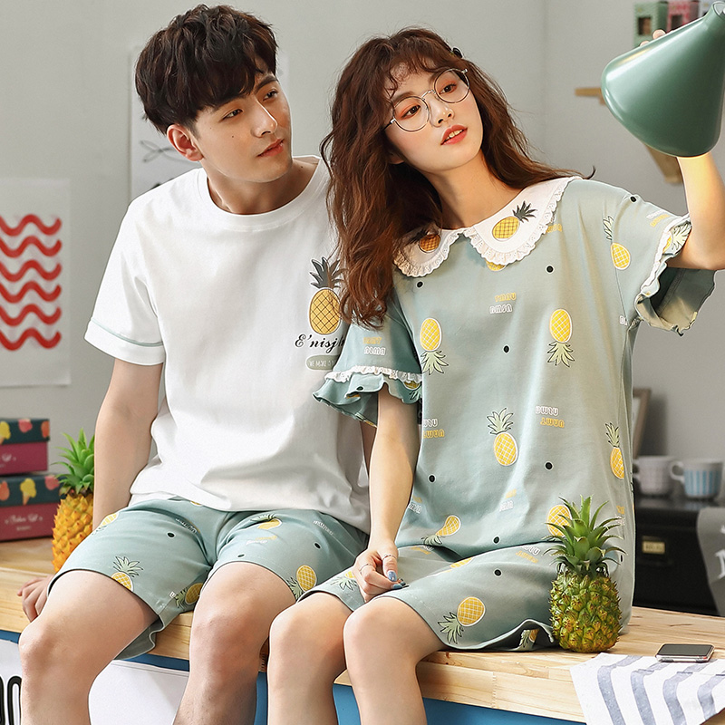 2 sets of price lovers' pajamas summer cotton men's home wear set korean version lovely nightdress women's short sleeve thin net red