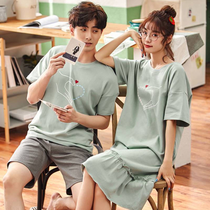 2 sets of price lovers' pajamas summer cotton men's home wear set korean version lovely nightdress women's short sleeve thin net red