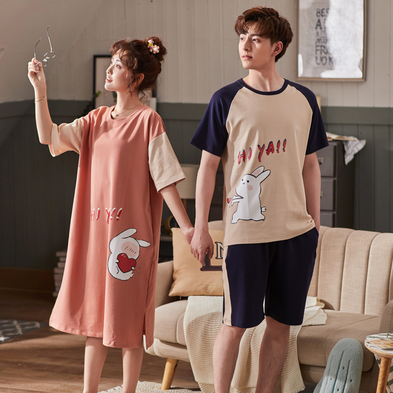 2 sets of price lovers' pajamas summer cotton men's home wear set korean version lovely nightdress women's short sleeve thin net red