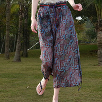 Summer Pure Hemp Printed Thin Section Broadlegged Pants Retro Cotton Linen Pants Mouth Pumping Rope Art Straight Cylinder Loose Seven Pants