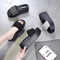 Fashion rhinestone muffin heel word drag 2021 summer new non-slip thick-soled sandals show thin and increase outer wear women