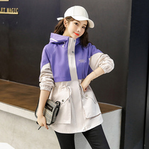 Purple spliced hooded windbreaker female spring and autumn Korean version of small man age reduction slim short overwear jacket baseball uniform