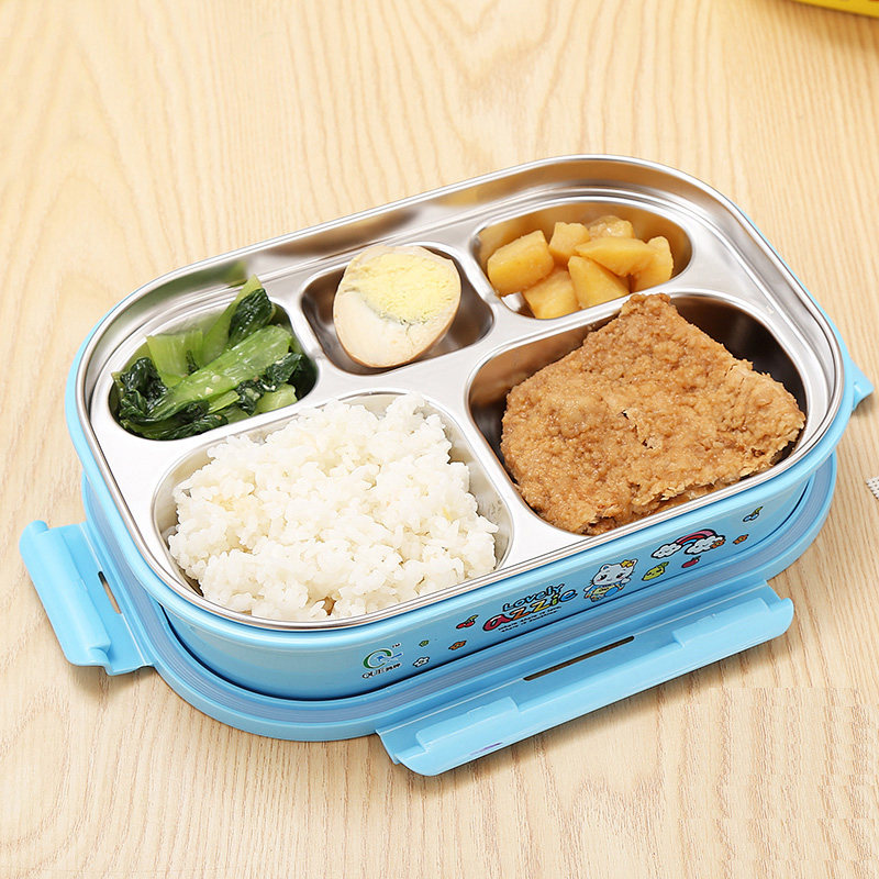 儿童卡通304不锈钢5分格保温便当密封防漏饭盒小学生分隔餐盘_2折现价