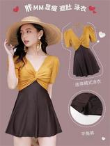 2021 New fattening plus size swimsuit women 200 Jin conjoined micro fat covering legs thick belly thin big chest summer