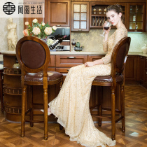 A rain life American solid wood bar bench chair European vintage home high stool backrest front desk creative bar chair