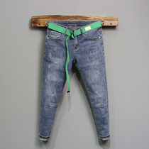 Nine points jeans mens Tide brand spring and summer new simple Joker slim slim pants Korean trend 9 points pants