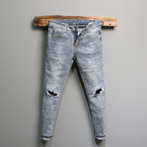 Mens jeans Tide brand spring and summer new Korean fashion trend personality hole printing slim small feet all ankle-length pants