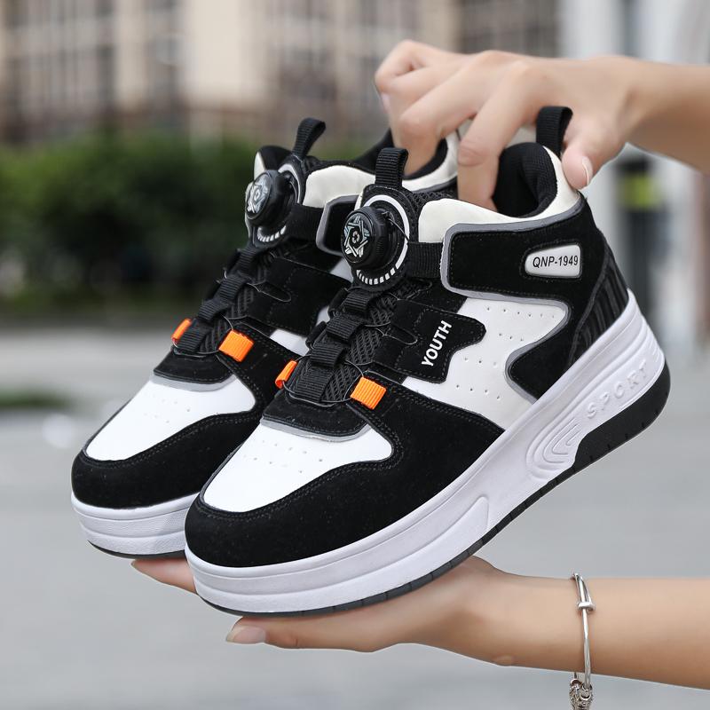 Child Storm Walking Shoes Women Plus Suede Student Prints With Buttons Can Auto Shrink Boy Two Wheels Winter Adults Wheel Skating Shoes-Taobao